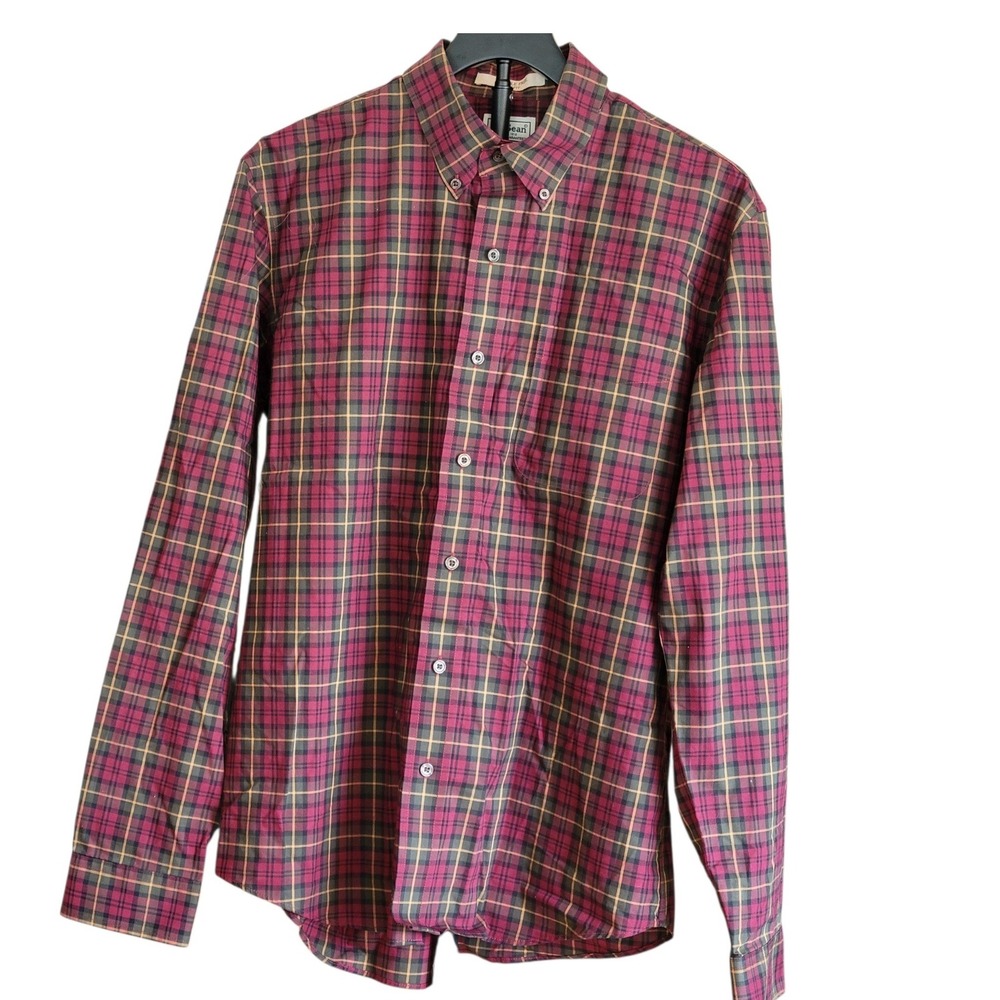 LL Bean Mens Slim Fit Wrinkle Free Plaid Button Down Shirt Large Burgundy 500541